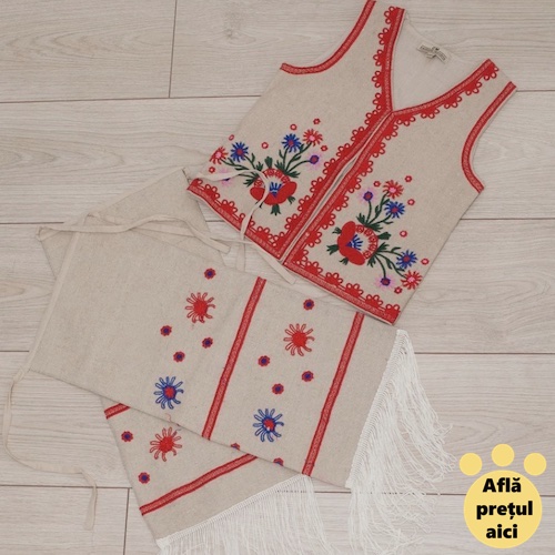  Ie traditionala ieftina pentru fete si baieti vesta si fota traditionala alba cu flori rosii brodate
