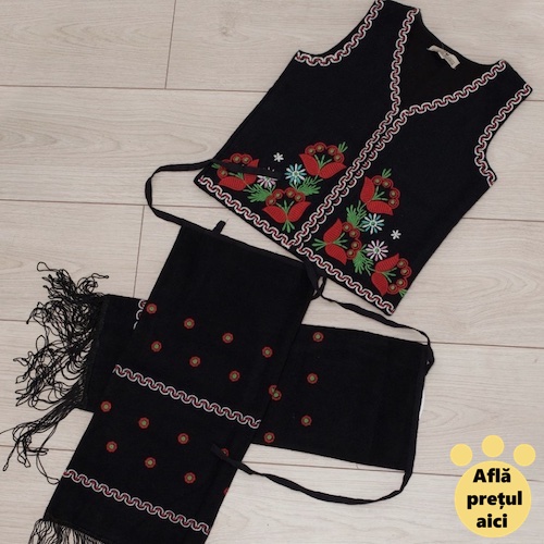 Ie traditionala ieftina pentru fete si baieti vesta si fota traditionala neagra cu maci rosii brodati
