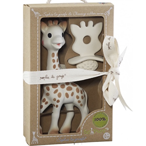 Jucarii Montessori Girafa Sophie cu figurina pentru dentitie din cauciuc natural